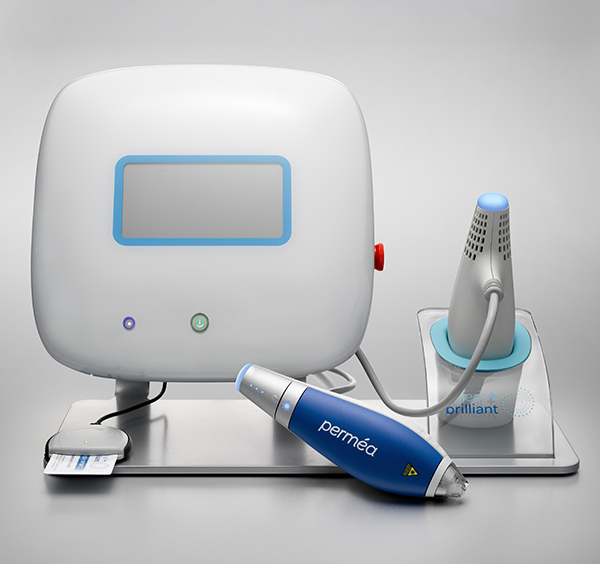 Clear + Brilliant laser device and applicator used for skin treatment, highlighting skincare support and long-term results.