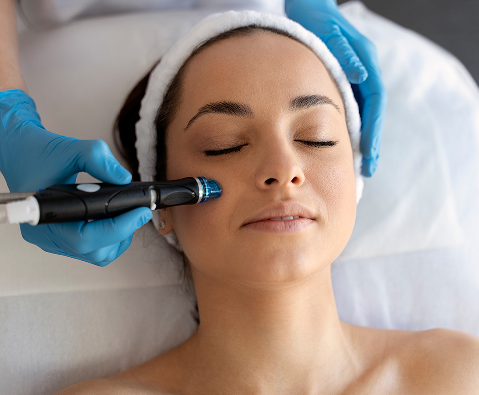 Patient receiving facial treatment illustrating differences between chemical peel and microdermabrasion options.