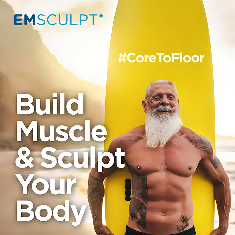 Man with defined muscles illustrating EMSculpt results supported by clinical studies for fat reduction and muscle growth.