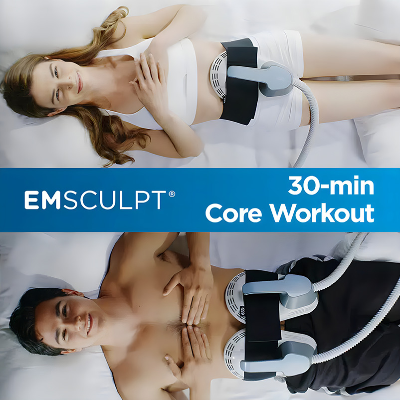 EMSculpt device applied to abdomen during treatment to build muscle and reduce fat in core area.