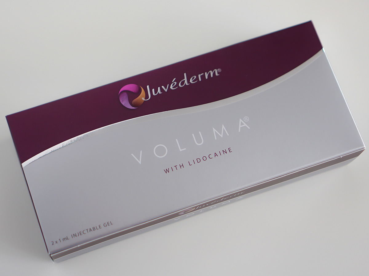 Juvederm Voluma dermal filler packaging used for smoothing facial wrinkles and restoring volume.