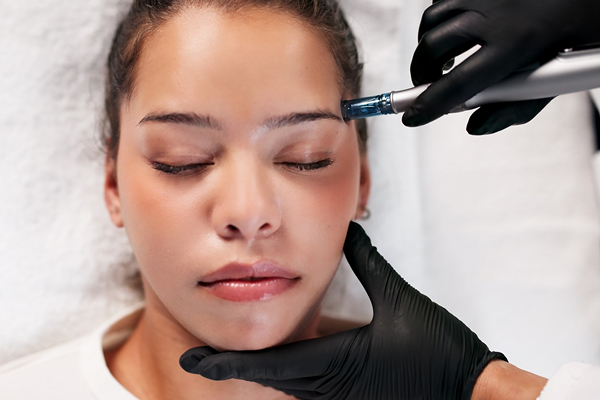 Patient receiving microneedling treatment to stimulate skin repair, blood flow, and natural healing response.
