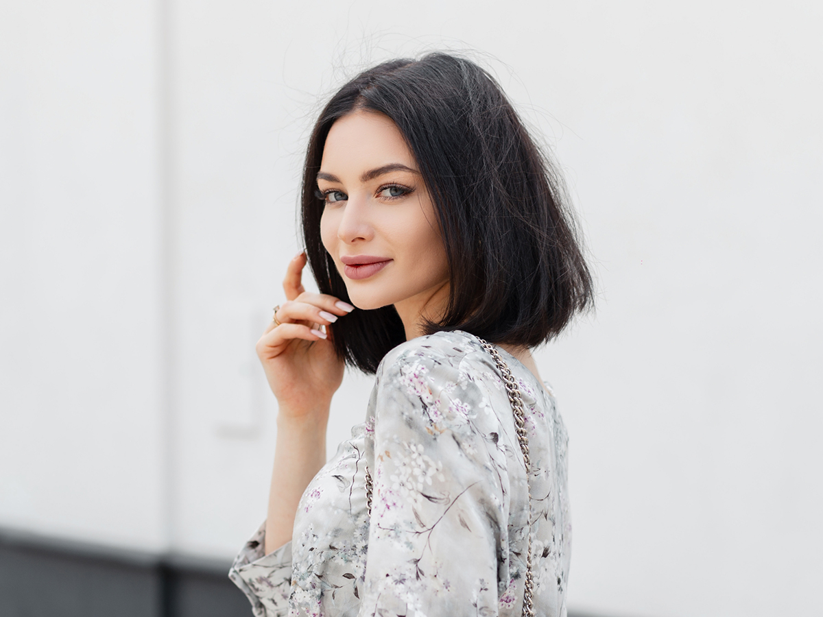 Woman with balanced facial profile after non-surgical rhinoplasty treatment in Princeton New Jersey
