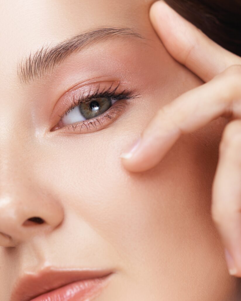 Close-up eye and skin beside exosome concerns including texture, redness, fine lines, pigmentation, and skin quality.