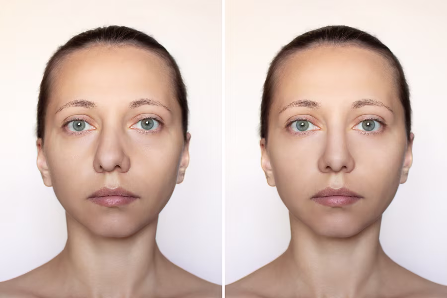 Side-by-side comparison showing a crooked nose and improved facial balance with a straighter nasal appearance.