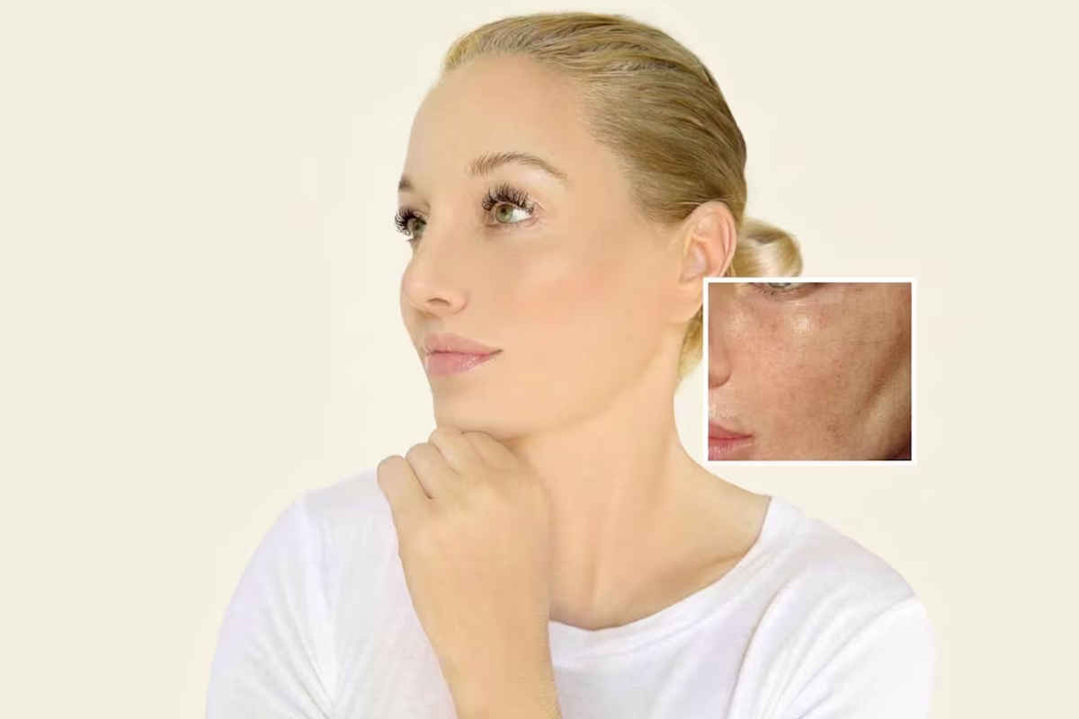 Woman with visible facial pigmentation and uneven skin tone.